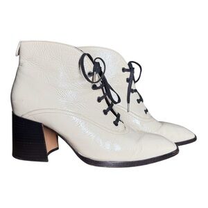 Labucq Cream White Patent Leather Block Heel Lace Up Ankle Jil Boots - 39